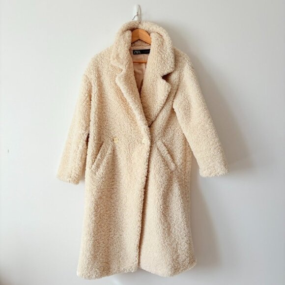 Zara Jackets & Blazers - Zara Soft Teddy Double Button Long Coat Ecru Cream Size Small
